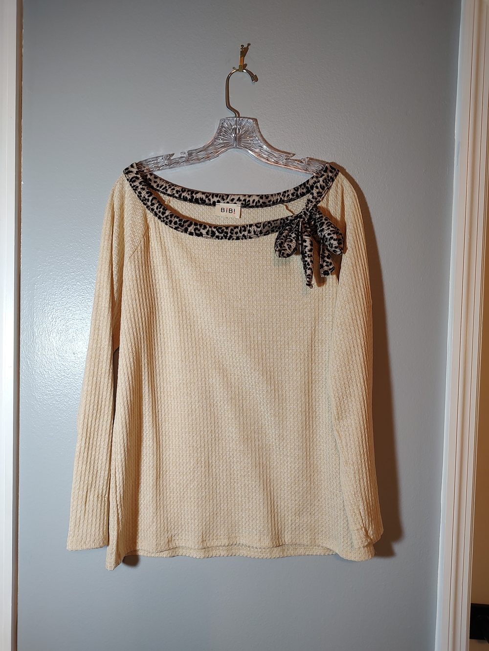 BIBI Cream Knit Top with Leopard Trim Bow